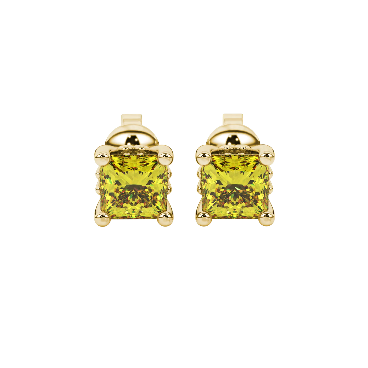 Princess canary yellow gemstone earrings, yellow gold lotus basket setting.
