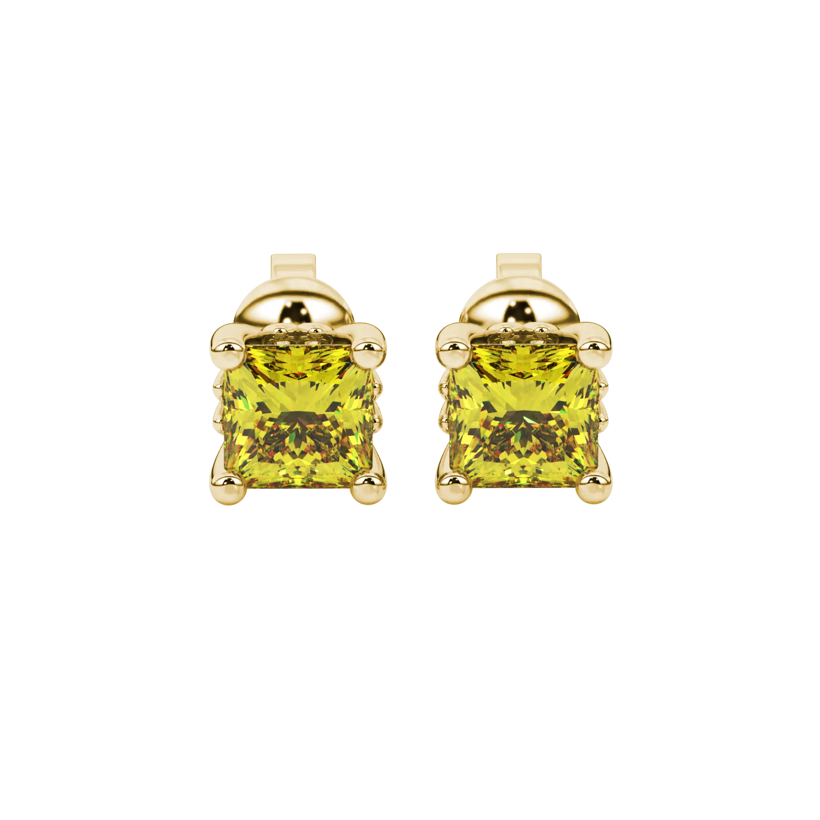 Princess canary yellow gemstone earrings, yellow gold lotus basket setting.