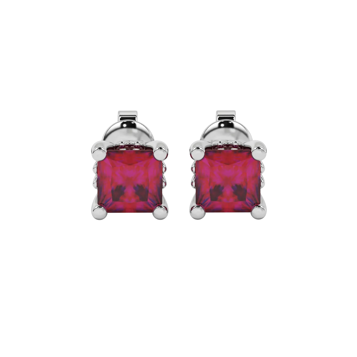 Princess raspberry red gemstone earrings, white gold lotus basket setting.