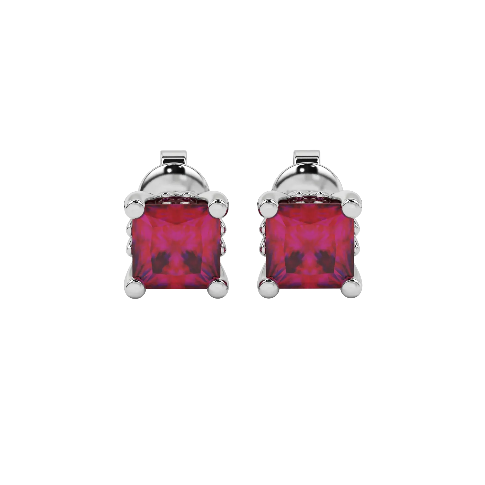 Princess raspberry red gemstone earrings, white gold lotus basket setting.