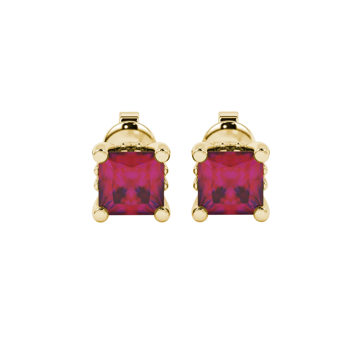 Princess raspberry red gemstone earrings, yellow gold lotus basket setting.
