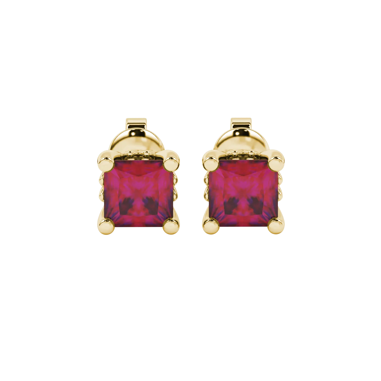 Princess raspberry red gemstone earrings, yellow gold lotus basket setting.