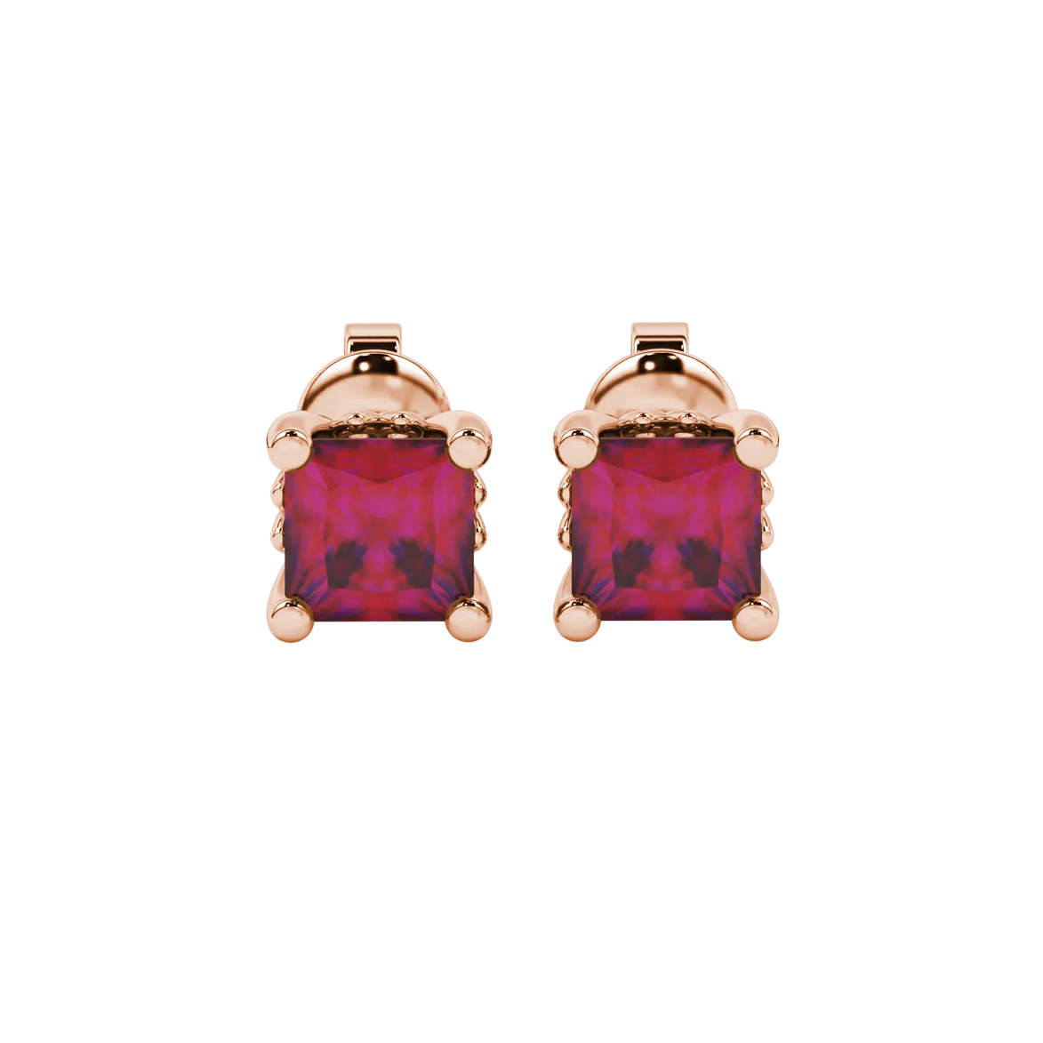 Princess raspberry red gemstone earrings, rose gold lotus basket setting.