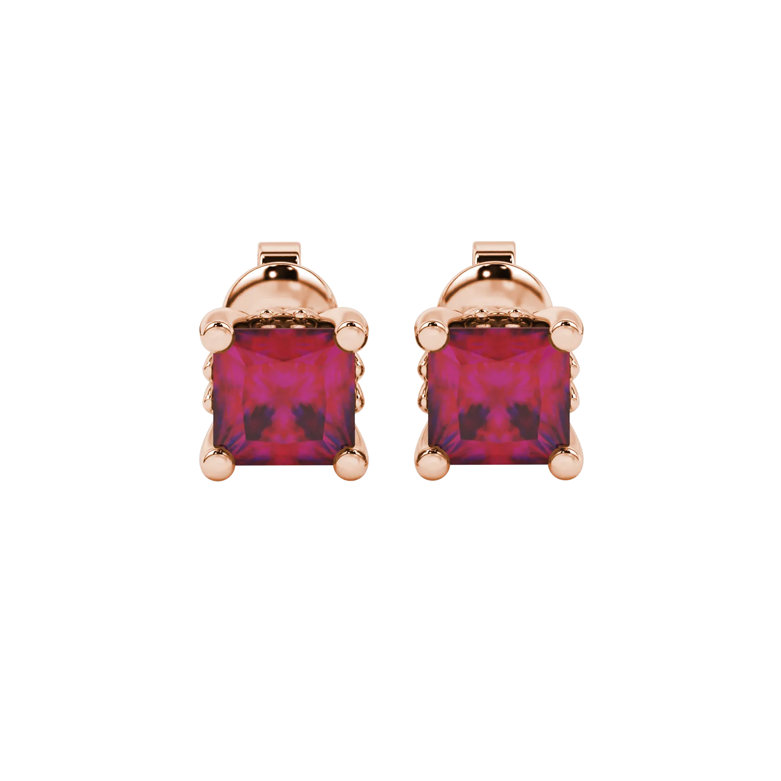 Princess raspberry red gemstone earrings, rose gold lotus basket setting.