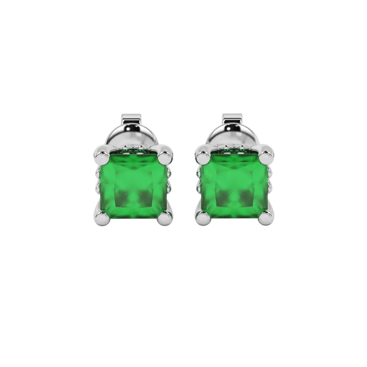 Princess emerald green gemstone earrings, white gold lotus basket setting.