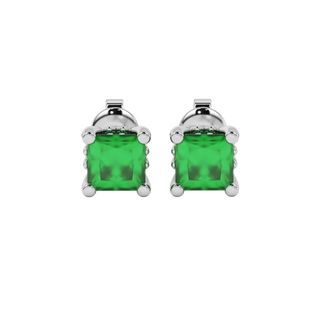 Princess emerald green gemstone earrings, white gold lotus basket setting.
