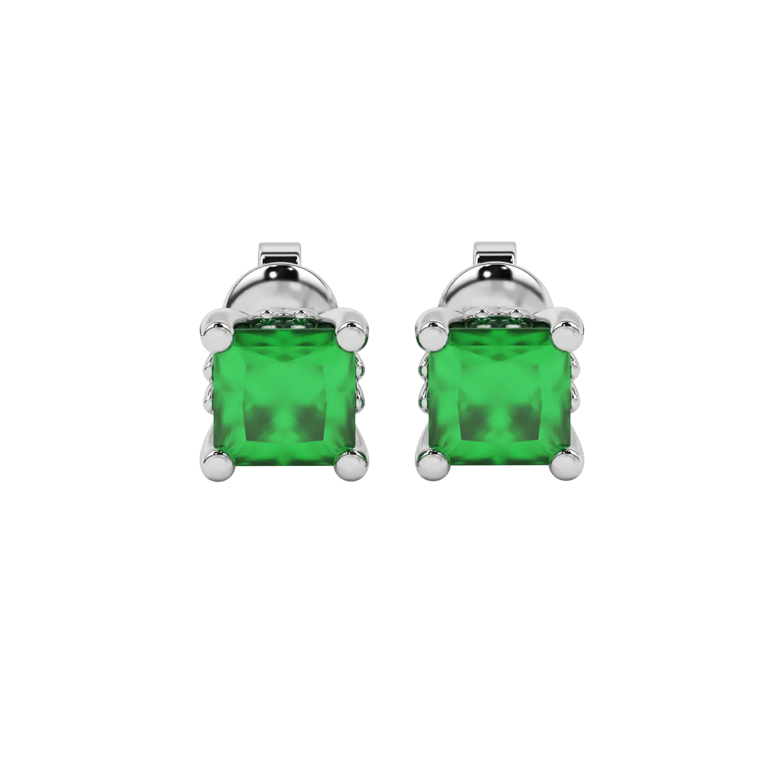 Princess emerald green gemstone earrings, white gold lotus basket setting.