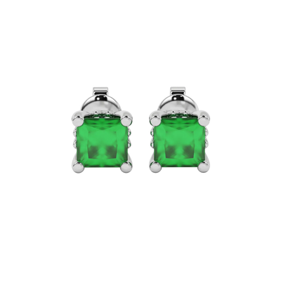 Princess emerald green gemstone earrings, white gold lotus basket setting.