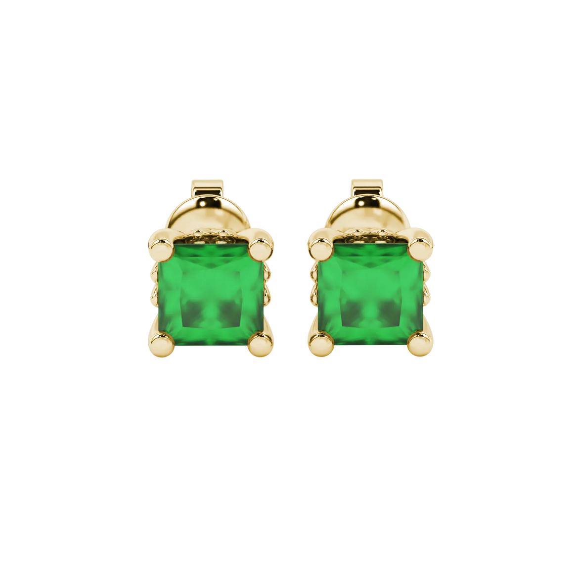 Princess emerald green gemstone earrings, yellow gold lotus basket setting.