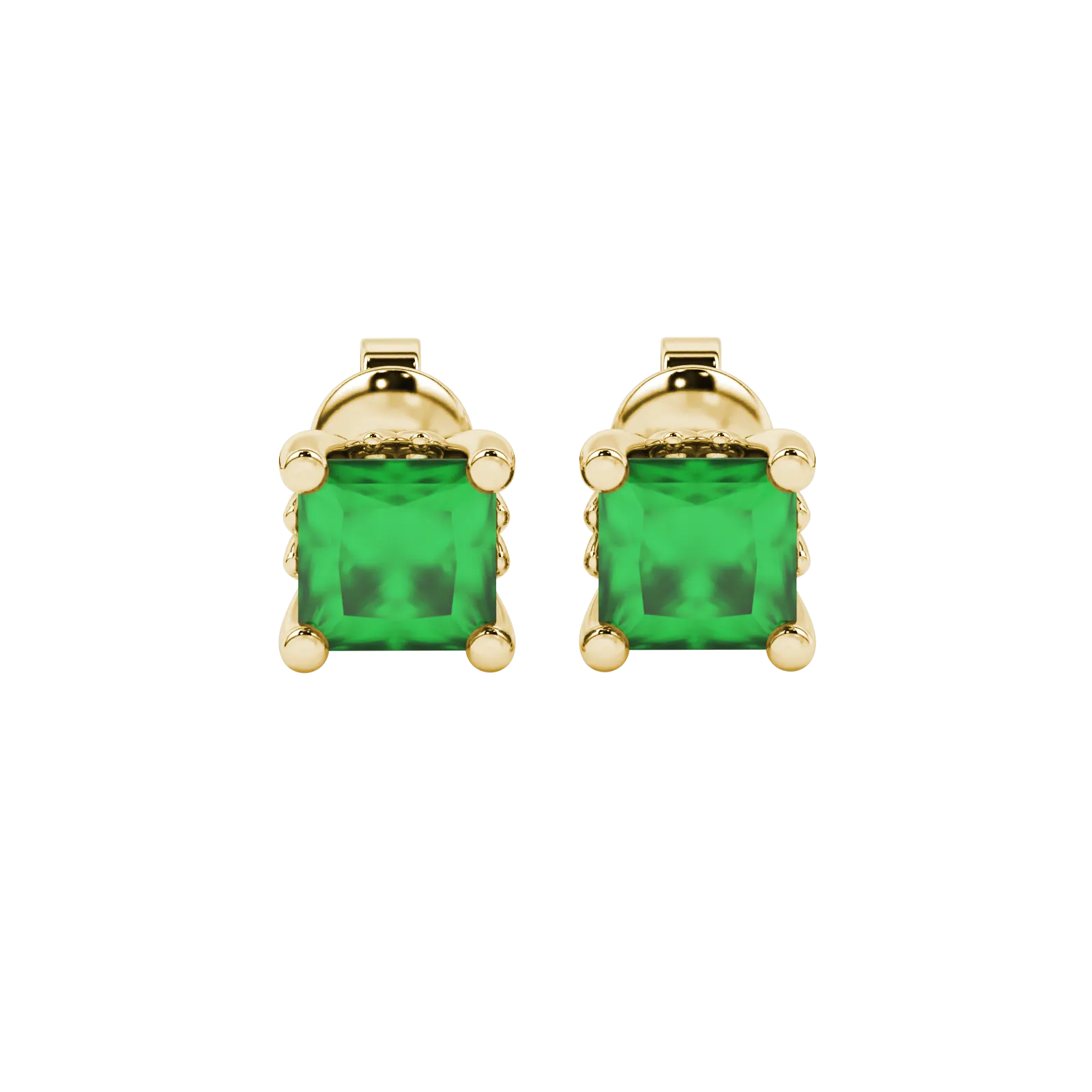 Princess emerald green gemstone earrings, yellow gold lotus basket setting.
