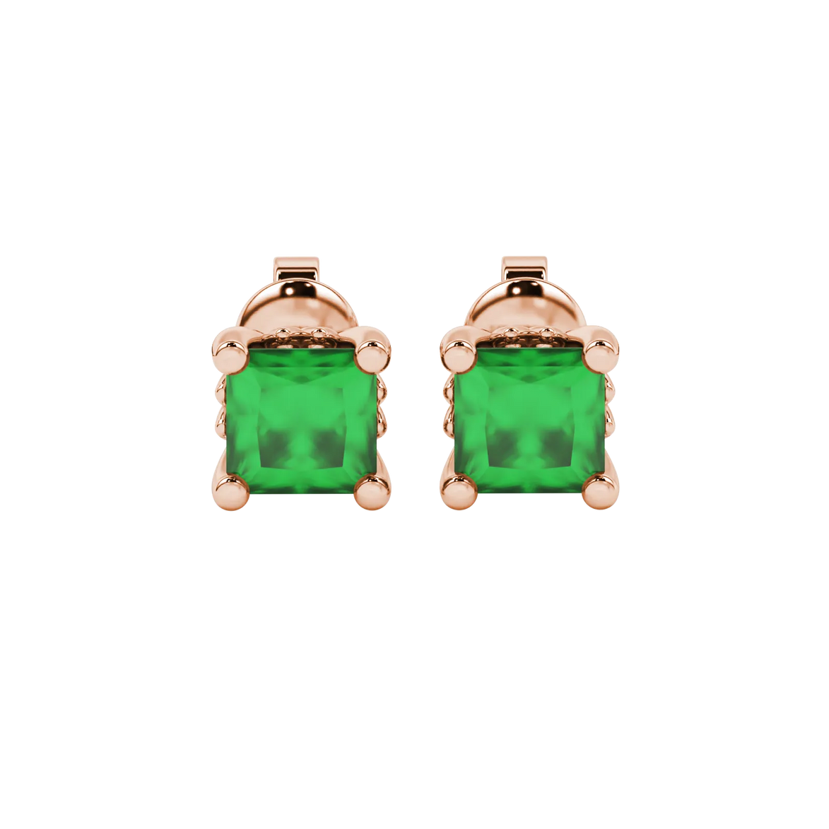 Princess emerald green gemstone earrings, rose gold lotus basket setting.