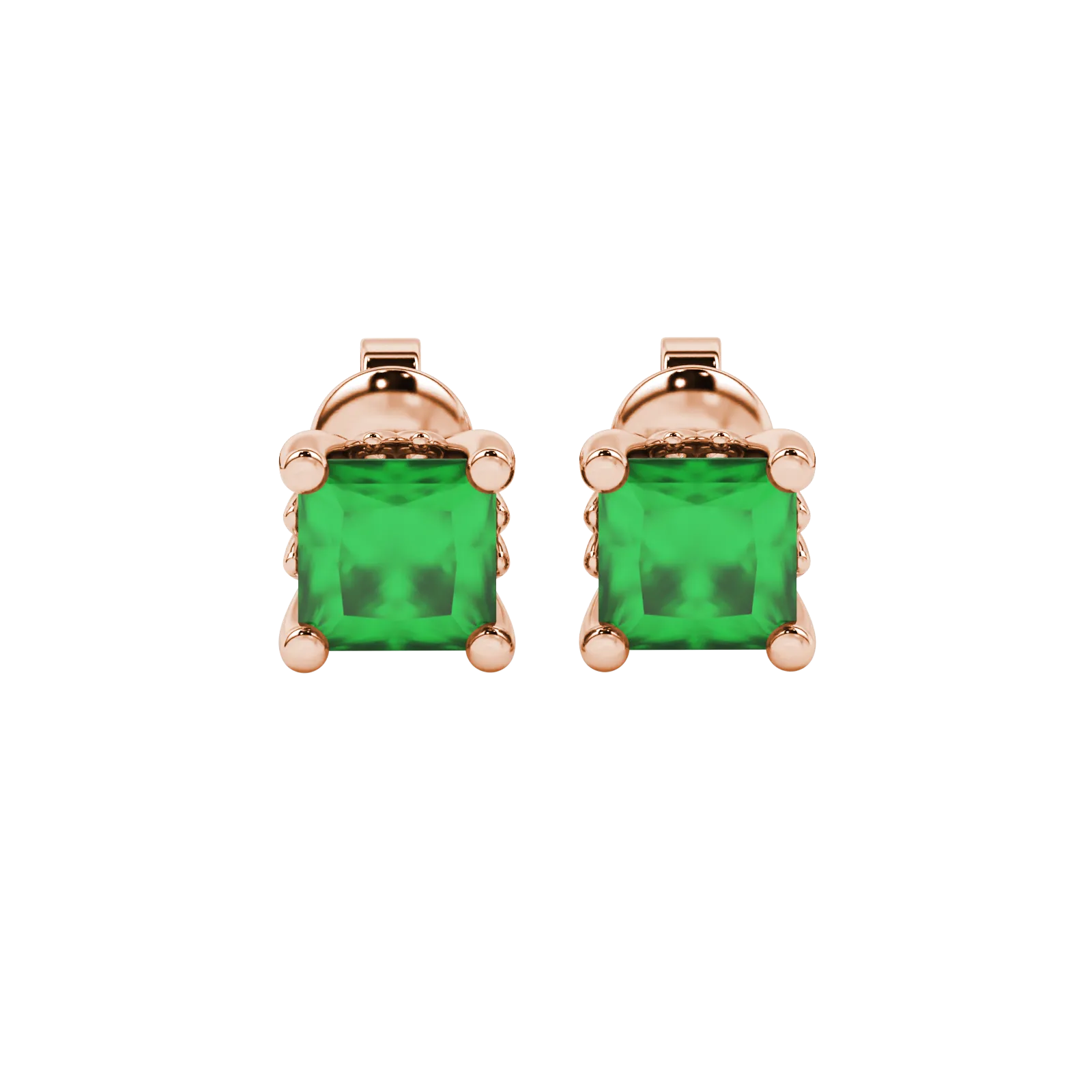 Princess emerald green gemstone earrings, rose gold lotus basket setting.