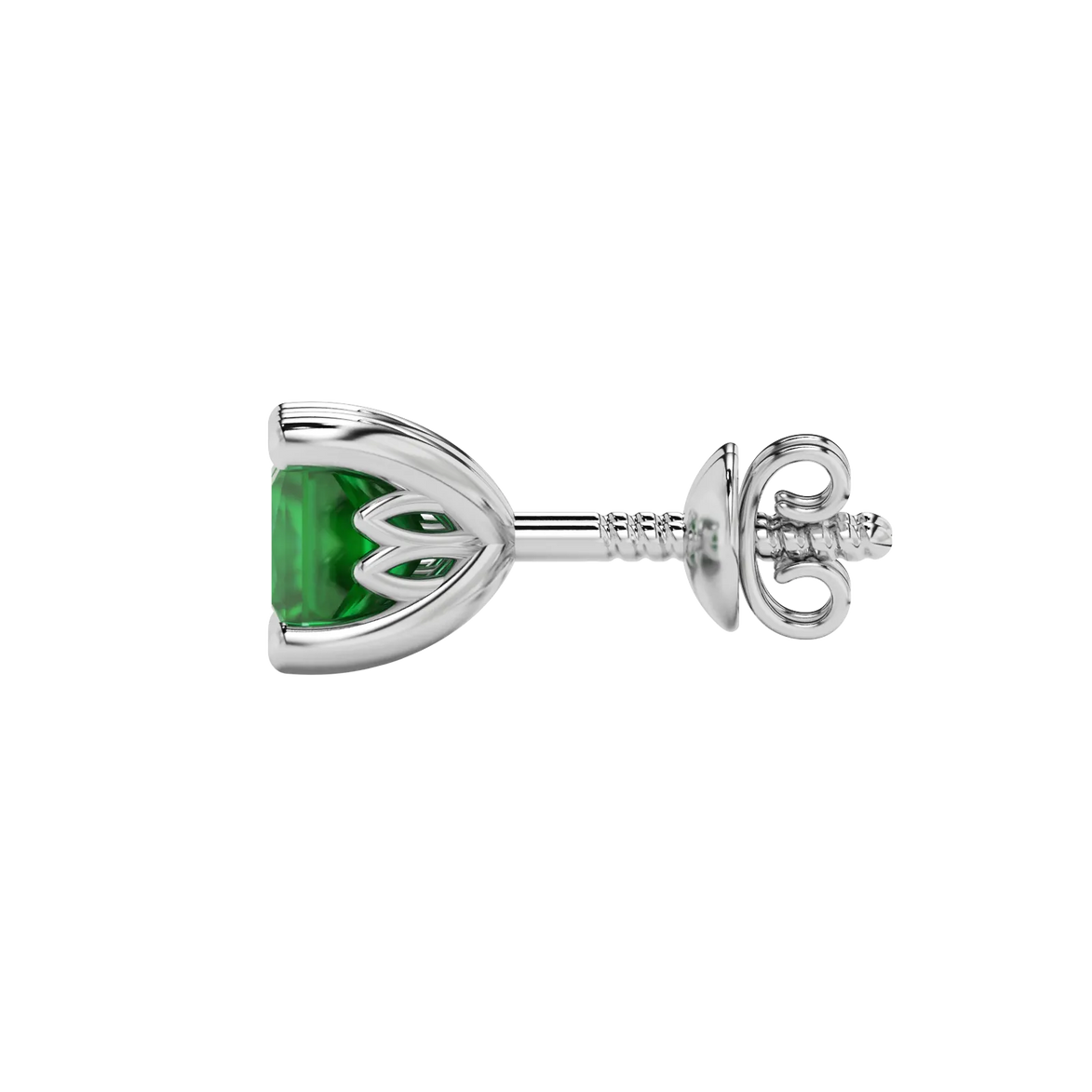 Side profile, white gold emerald green earrings, lotus basket gallery.
