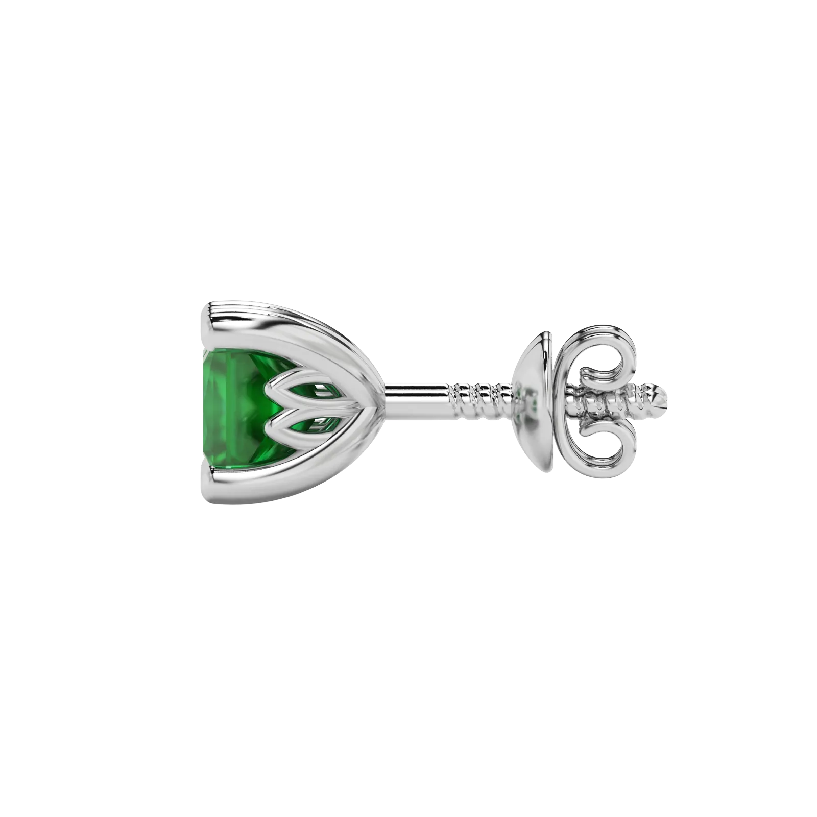 Side profile, white gold emerald green earrings, lotus basket gallery.
