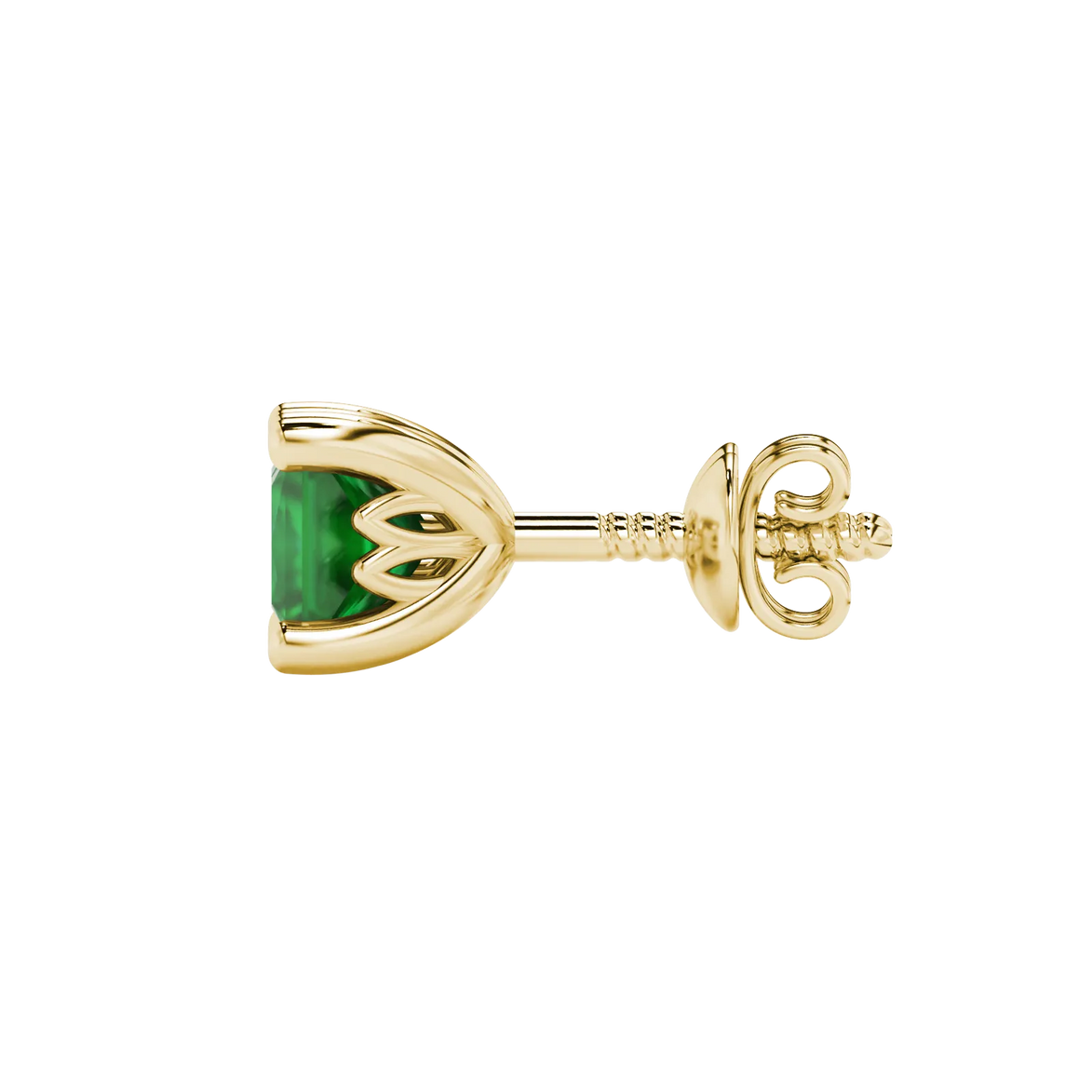 Side profile, yellow gold emerald green earrings, lotus basket gallery.