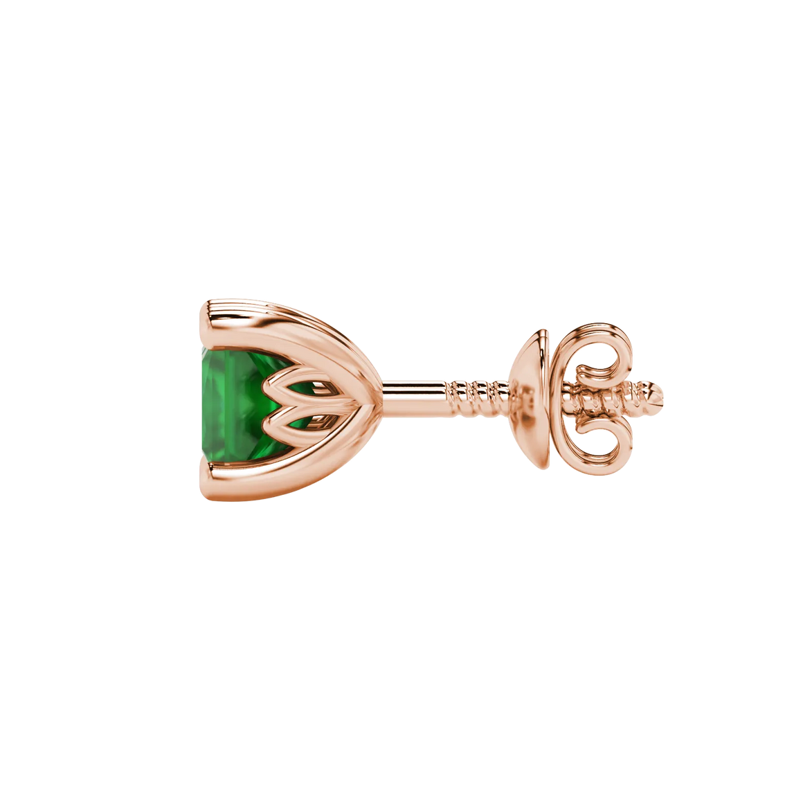 Side profile, rose gold emerald green earrings, lotus basket gallery.