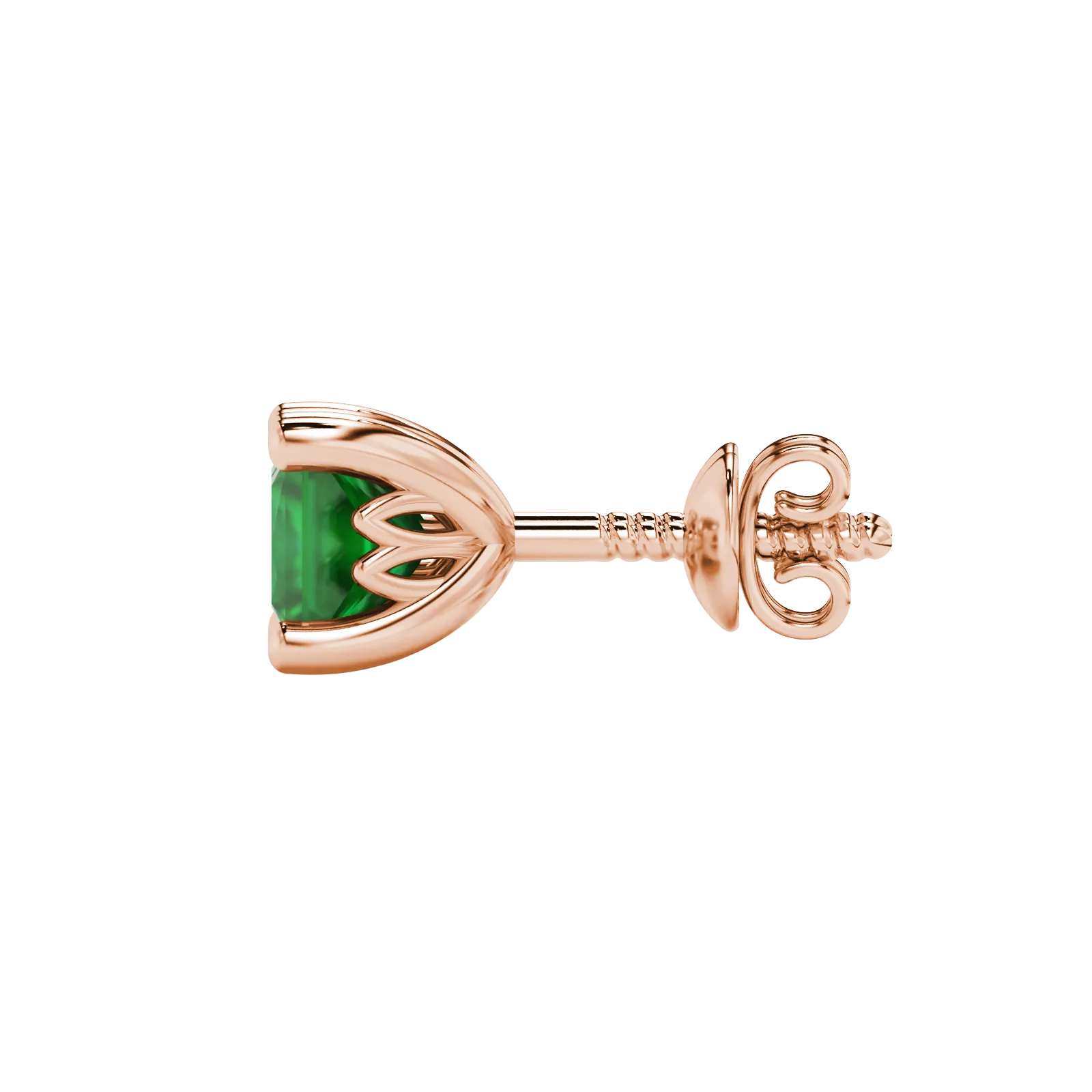 Side profile, rose gold emerald green earrings, lotus basket gallery.