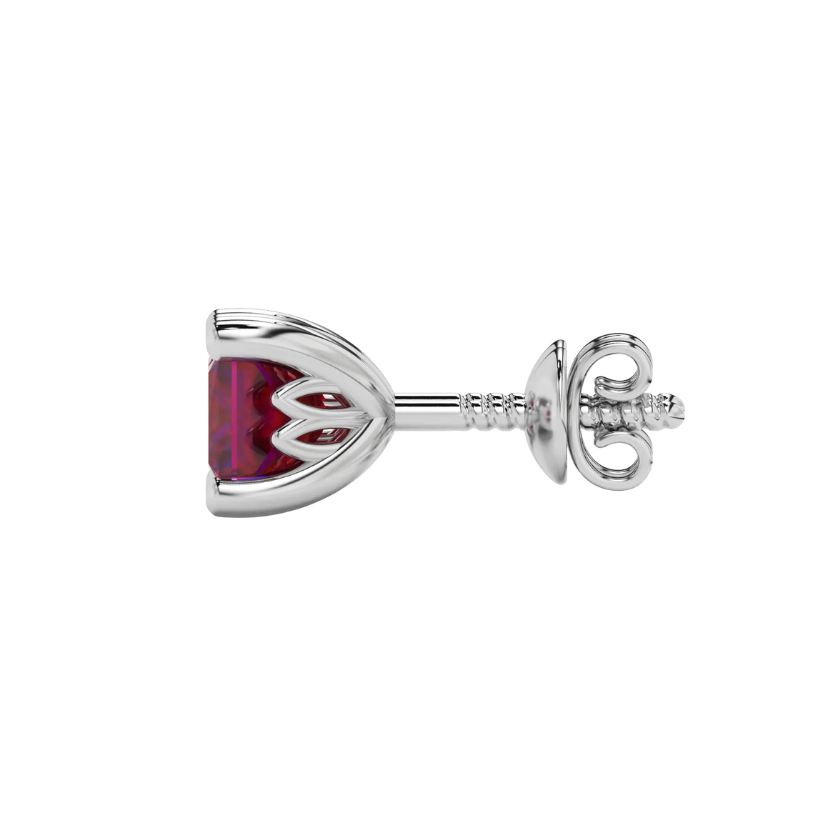 Side profile, white gold raspberry red earrings, lotus basket gallery.