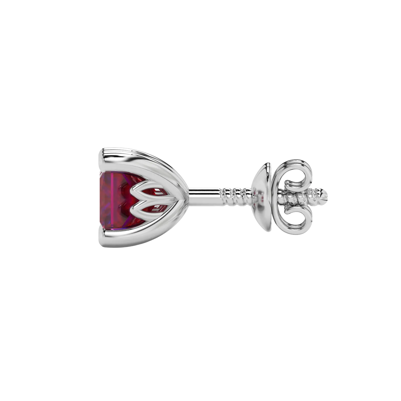 Side profile, white gold raspberry red earrings, lotus basket gallery.