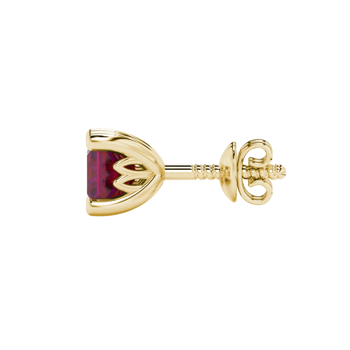 Side profile, yellow gold raspberry red earrings, lotus basket gallery.
