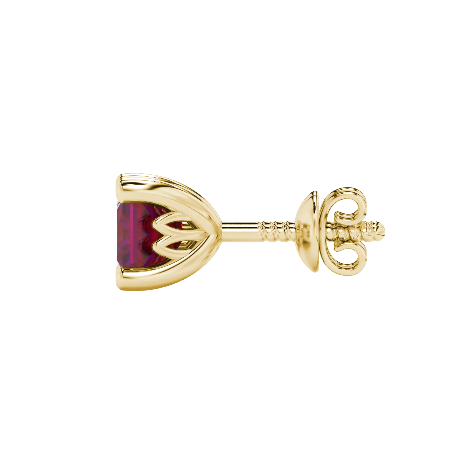 Side profile, yellow gold raspberry red earrings, lotus basket gallery.
