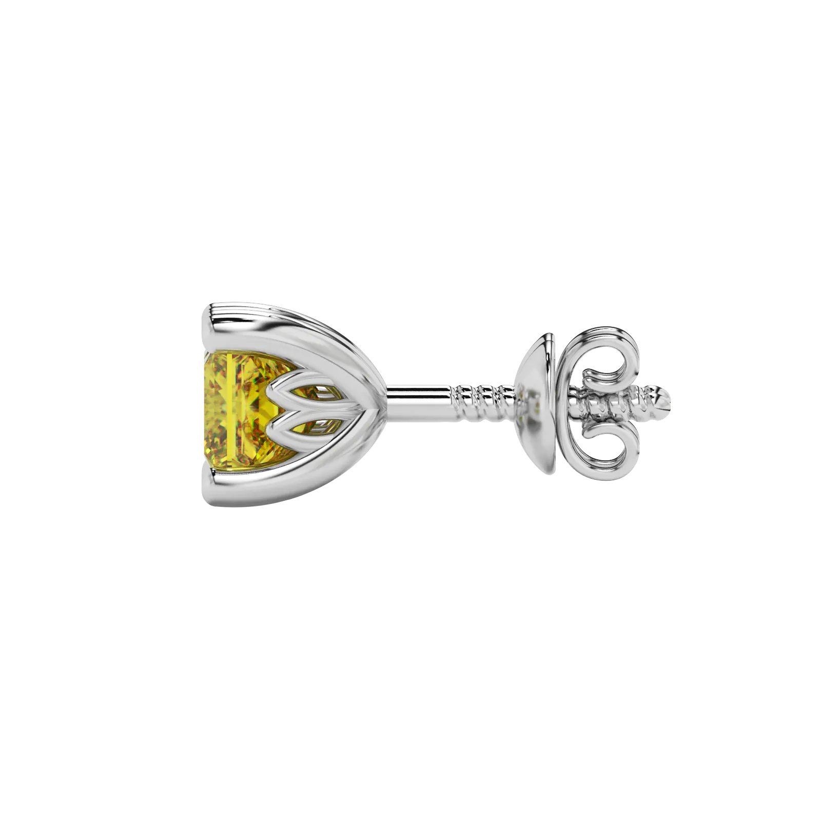 Side profile, white gold canary yellow earrings, lotus basket gallery.