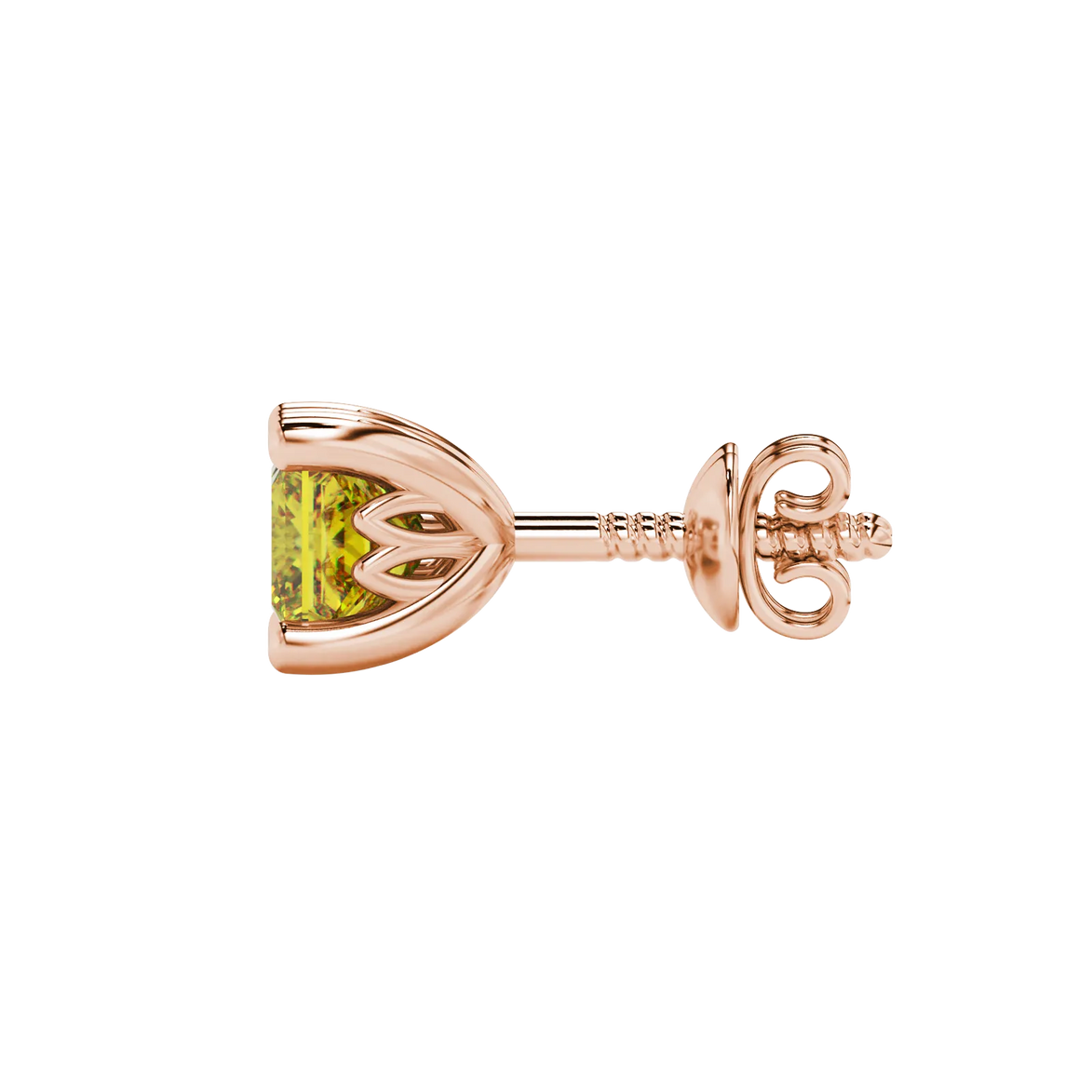Side profile, rose gold canary yellow earrings, lotus basket gallery.
