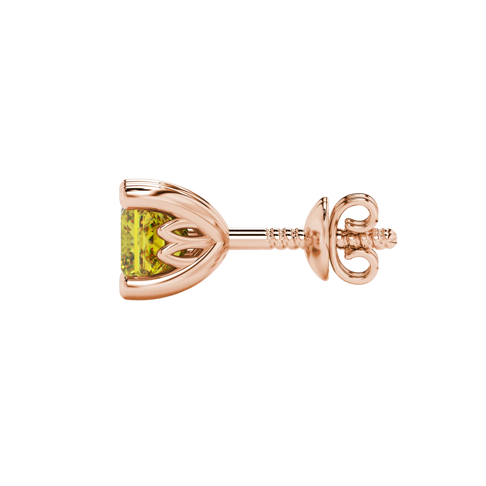 Side profile, rose gold canary yellow earrings, lotus basket gallery.