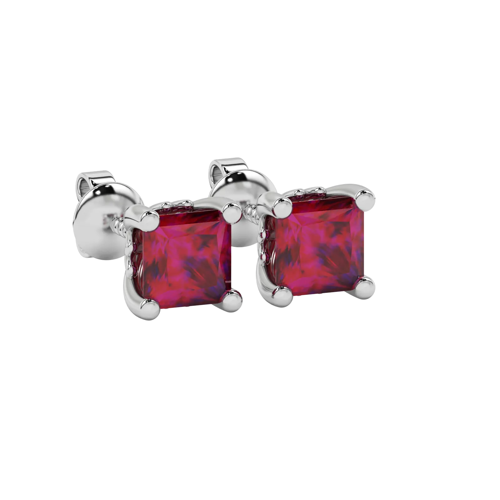 Close-up raspberry red gemstone, white gold lotus setting.