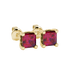 Close-up, princess raspberry red gemstone, yellow gold lotus earrings.