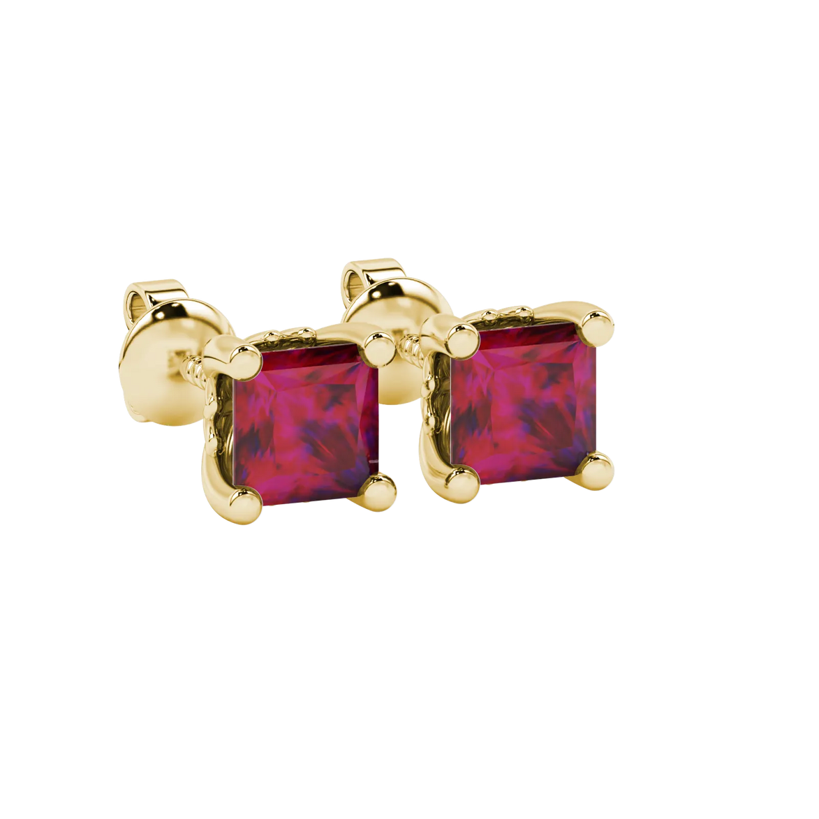 Close-up, princess raspberry red gemstone, yellow gold lotus earrings.