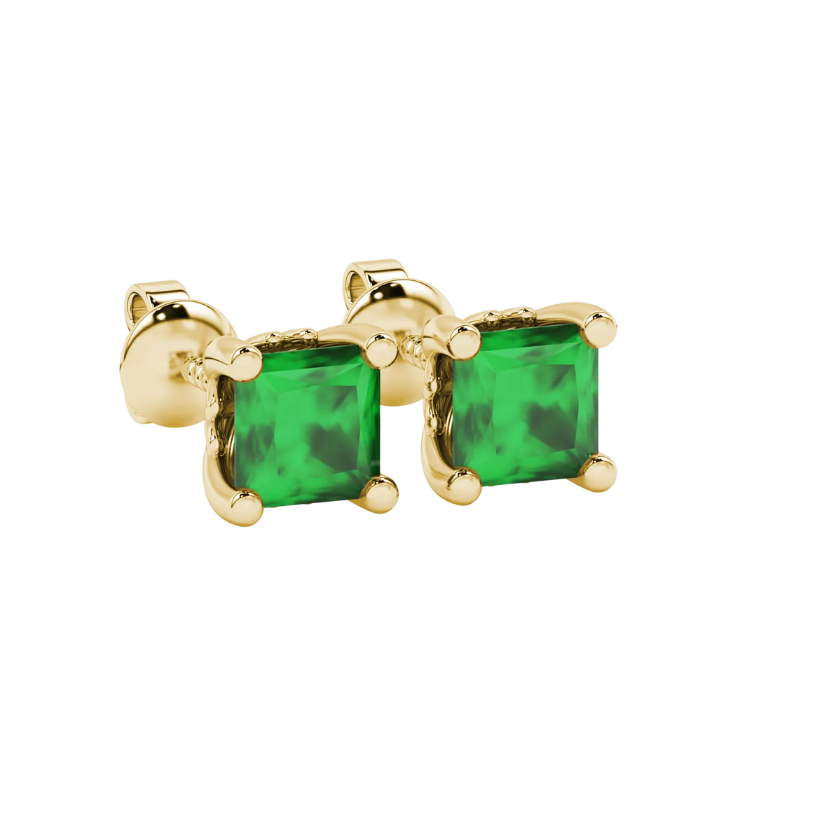 Close-up, princess emerald green gemstone, yellow gold lotus earrings.