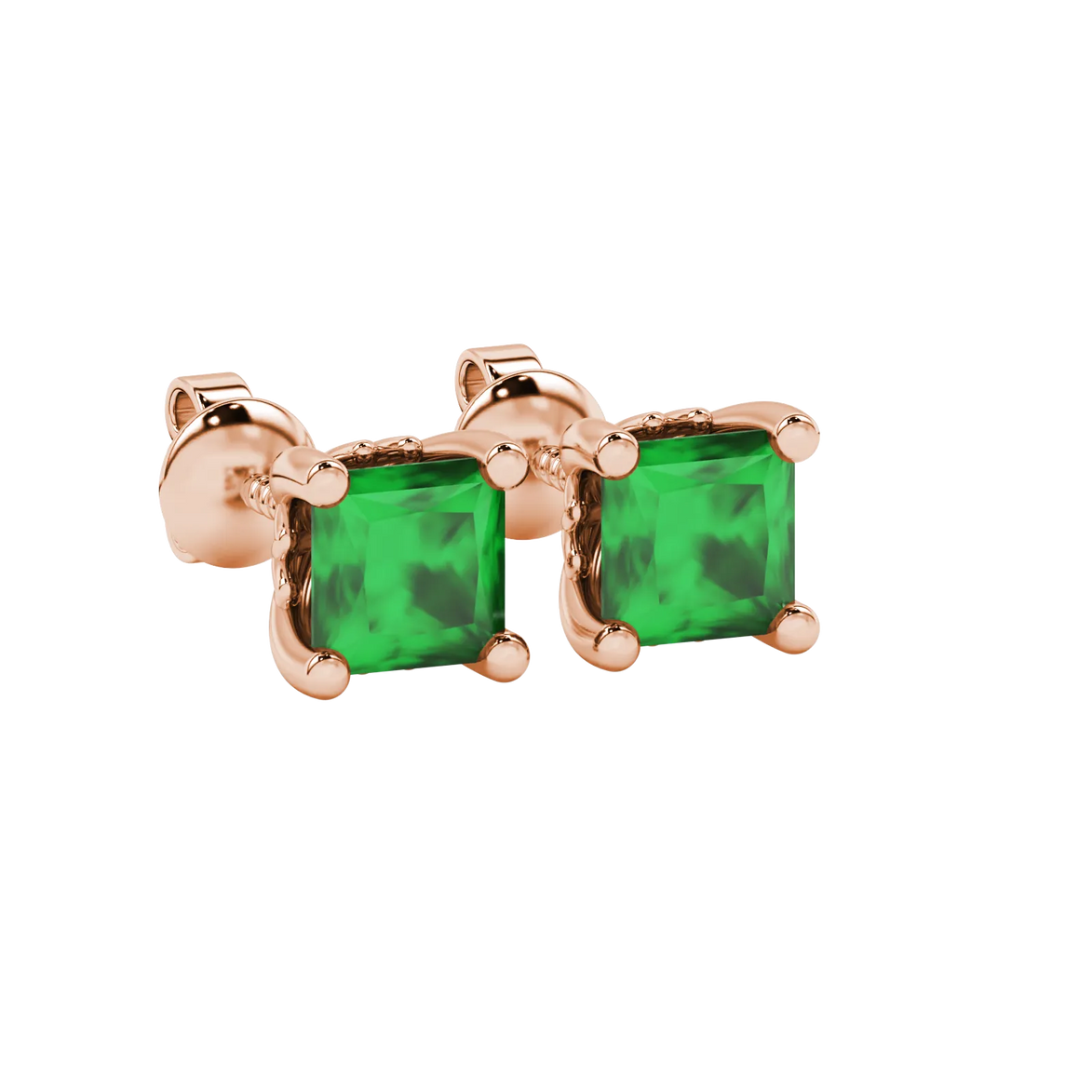 Close-up, princess emerald green gemstone earrings, rose gold lotus setting.