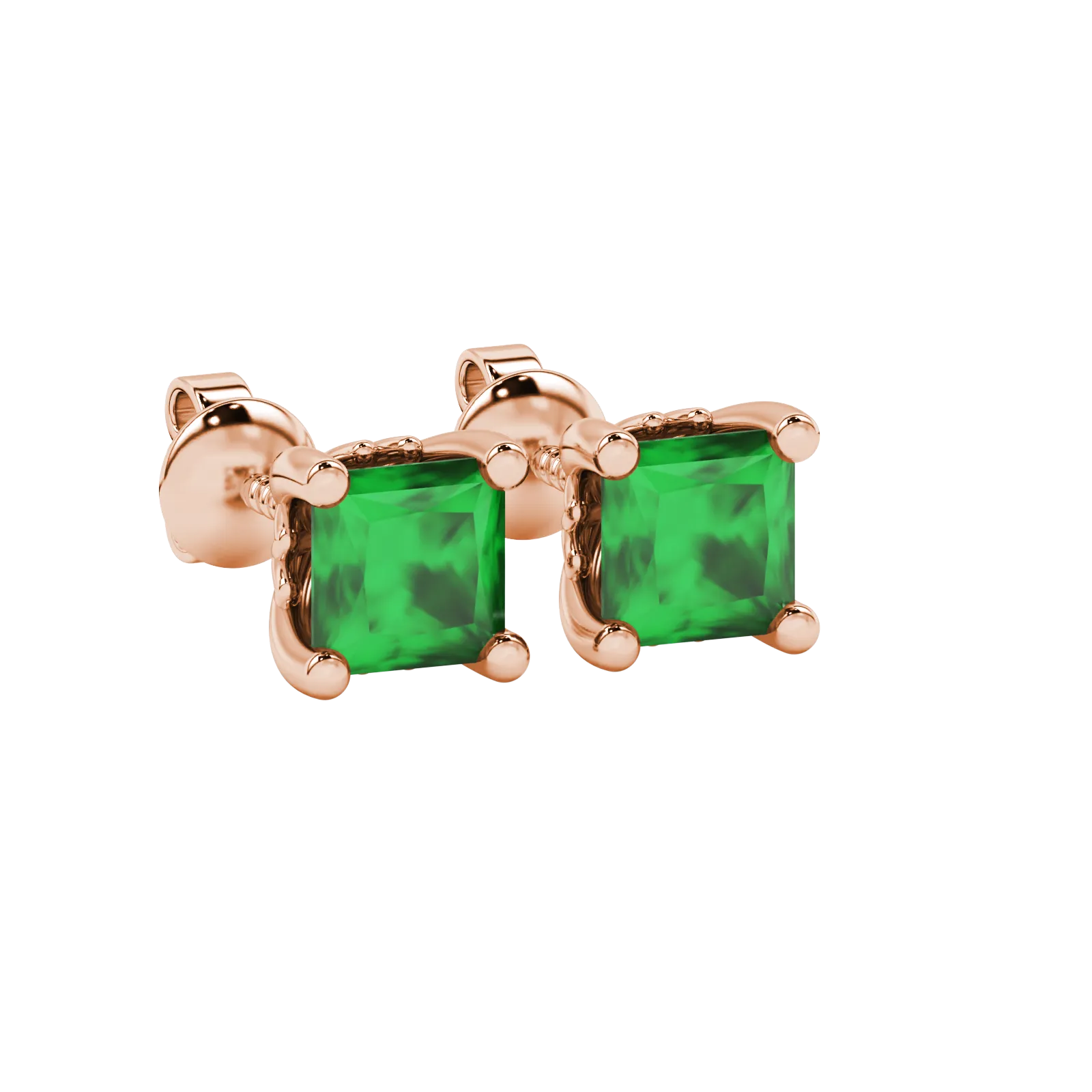 Close-up, princess emerald green gemstone earrings, rose gold lotus setting.