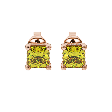 Princess canary yellow gemstone earrings, rose gold pavé basket halo.