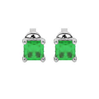 Princess emerald green gemstone earrings, white gold pavé basket halo.