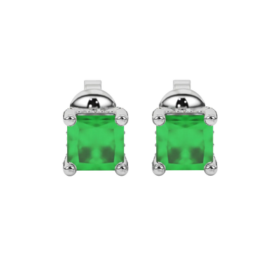 Princess emerald green gemstone earrings, white gold pavé basket halo.