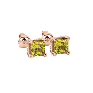 Close-up, princess canary yellow gemstone earrings, rose gold basket setting