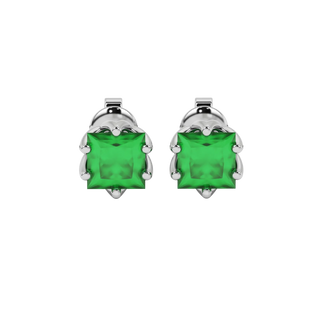 Princess emerald green gemstone earrings, white gold scalloped six-prong setting.