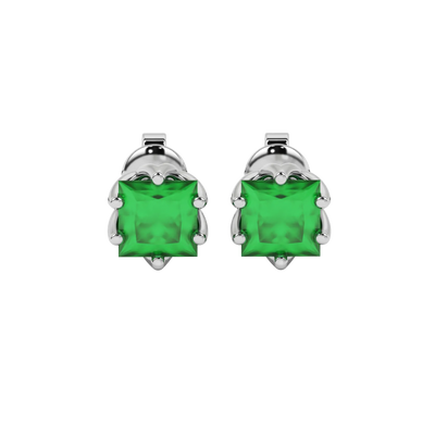 Princess emerald green gemstone earrings, white gold scalloped six-prong setting.