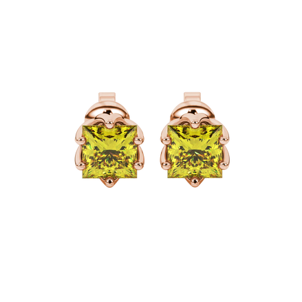 Princess canary yellow gemstone earrings, rose gold scalloped six-prong setting.