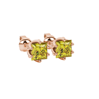 Close-up, princess canary yellow gemstone earrings, rose gold scalloped setting.