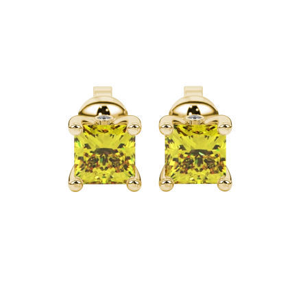 Princess canary yellow gemstone earrings, yellow gold surprise diamond setting.