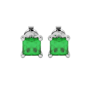 Princess emerald green gemstone earrings, white gold surprise diamond setting.