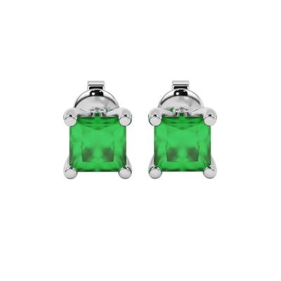 Princess emerald green gemstone earrings, white gold surprise diamond setting.