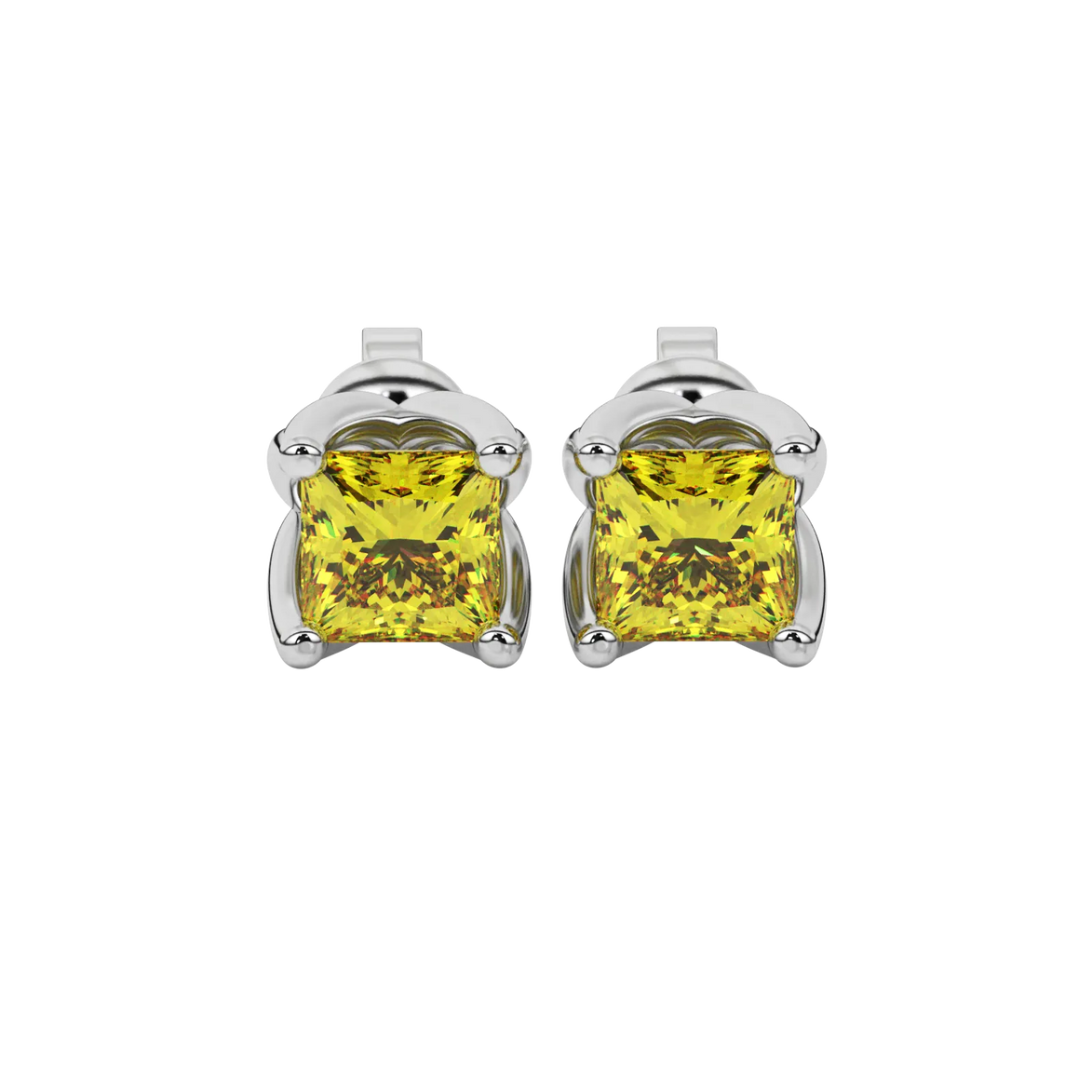 Princess canary yellow gemstone earrings, white gold tulip basket setting.