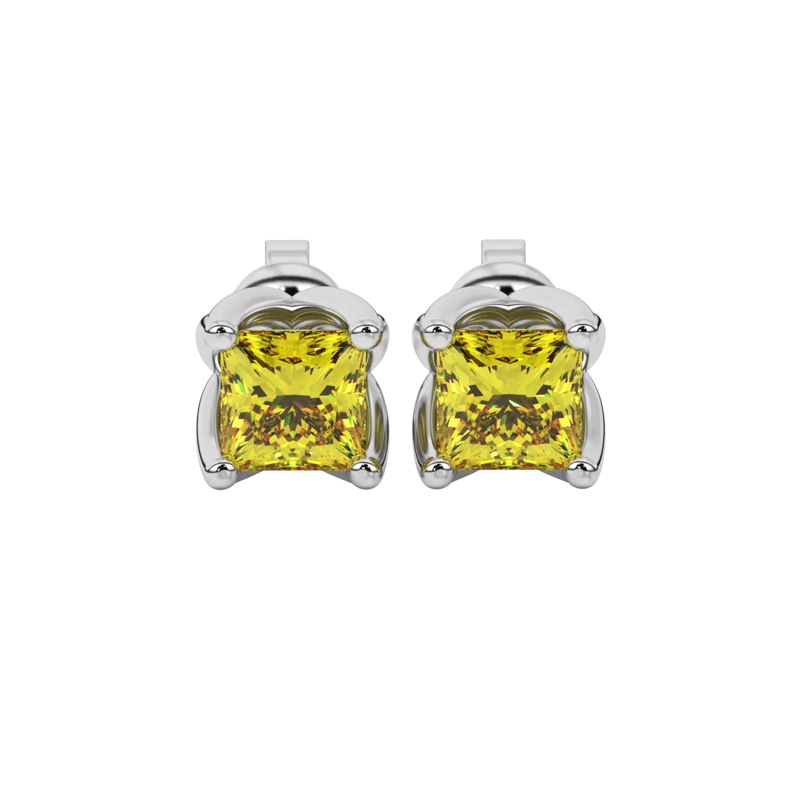 Princess canary yellow gemstone earrings, white gold tulip basket setting.