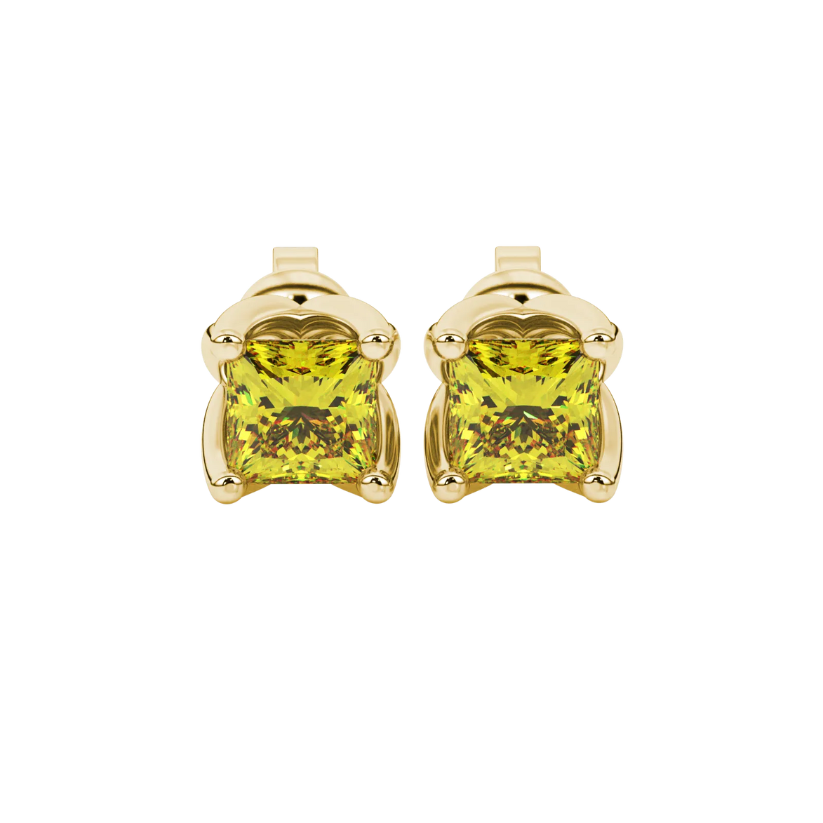 Princess canary yellow gemstone earrings, yellow gold tulip basket setting.