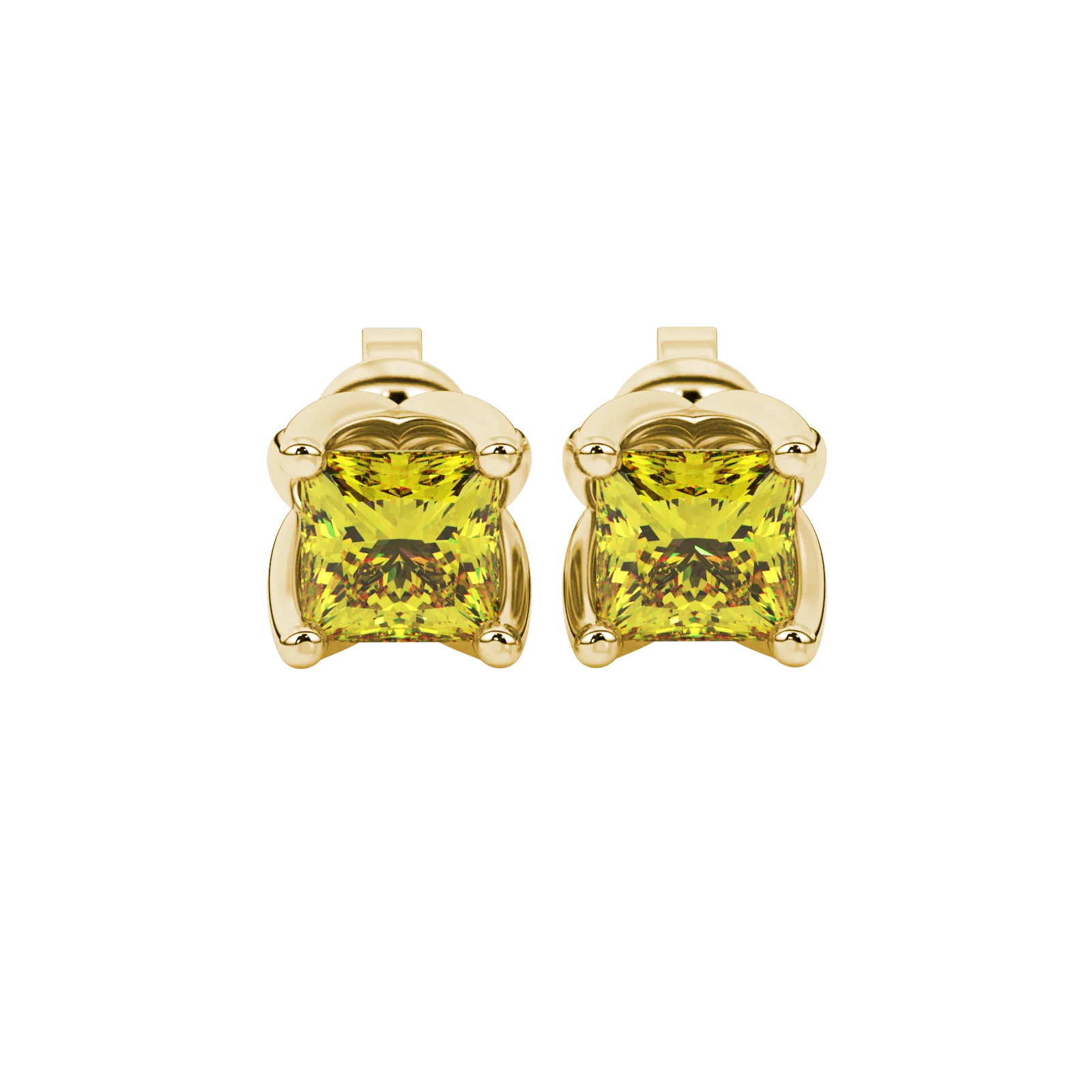 Princess canary yellow gemstone earrings, yellow gold tulip basket setting.
