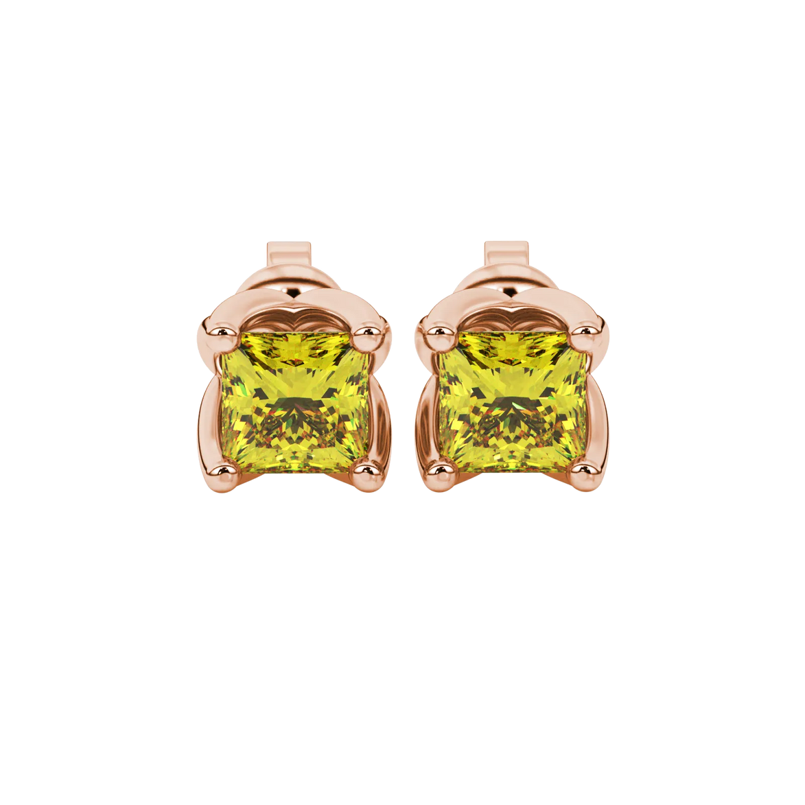 Princess canary yellow gemstone earrings, rose gold tulip basket setting.
